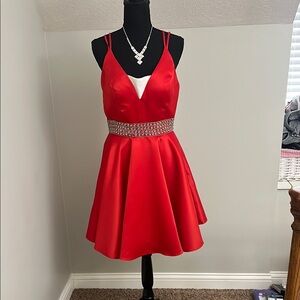Elegant Red Satin Dress with Rhinestone Belt